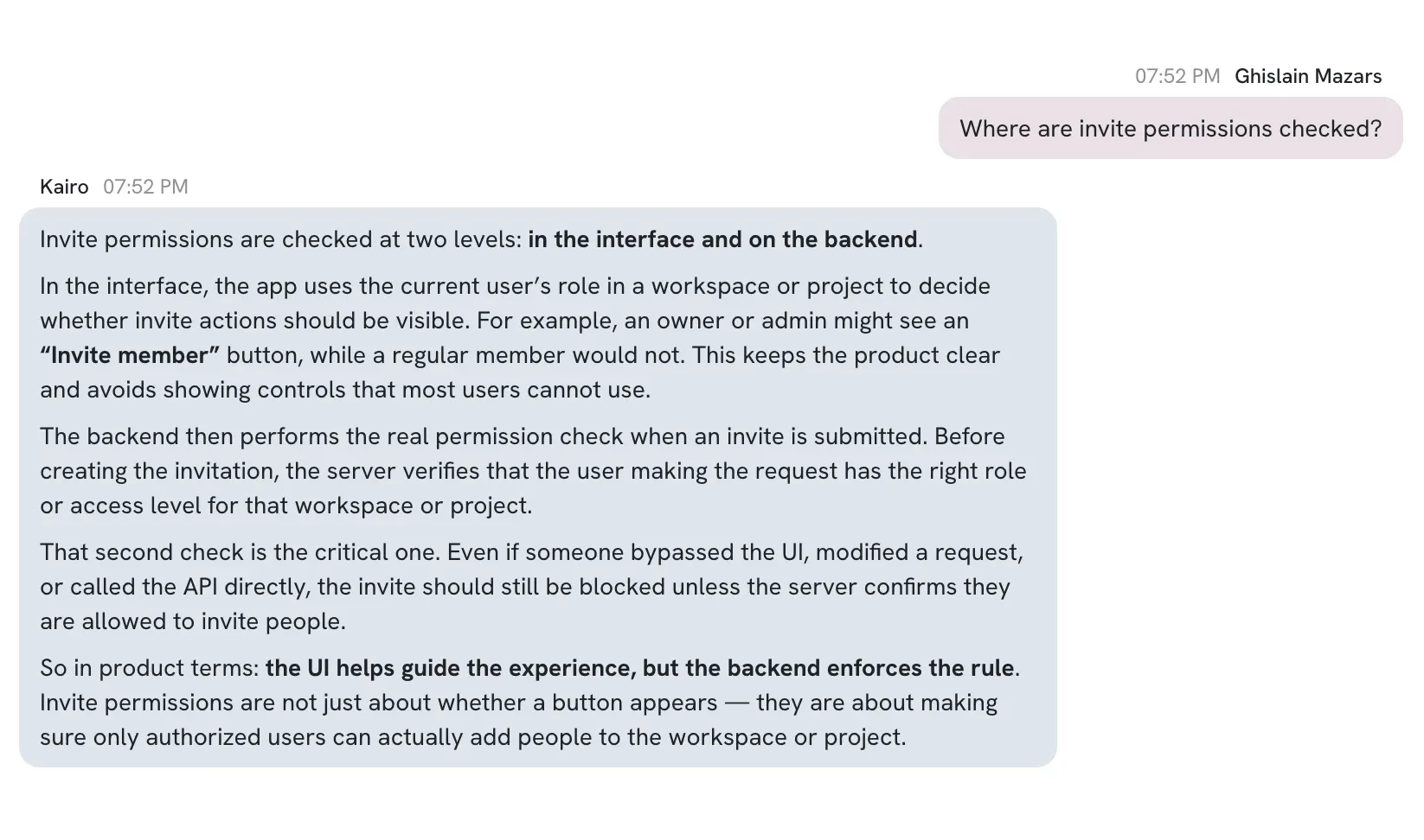 A Kairo chat where the AI answers 'Where are invite permissions checked?' by explaining the interface and backend checks in plain language.