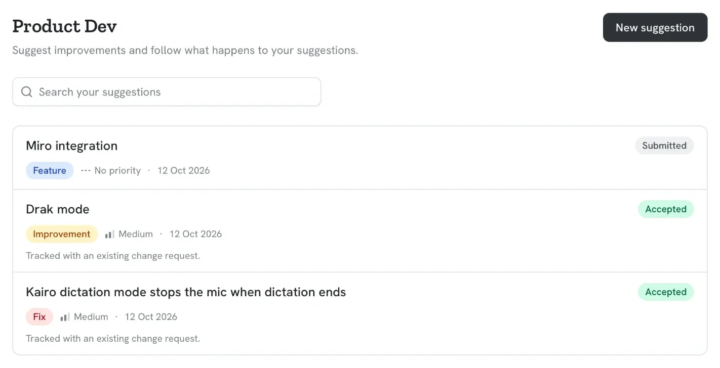 A contributor's view in Kairo: their suggestions, each with a type (feature, improvement, or fix), a priority, and a status, submitted or accepted, with accepted ones tracked in an existing change request.