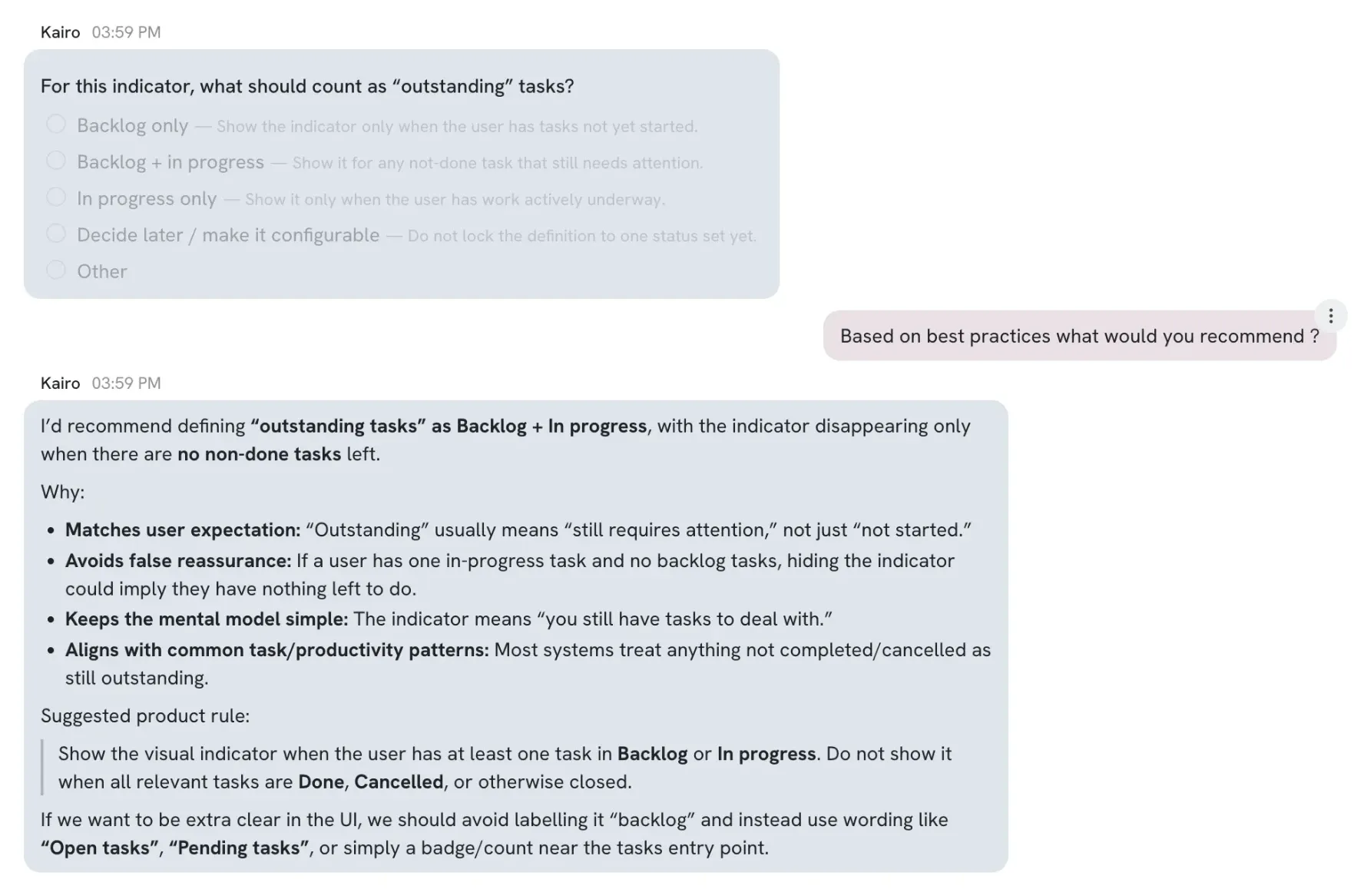 Kairo's AI asking a multiple-choice question about a requirement, then recommending an answer with its reasoning when asked for best practices.